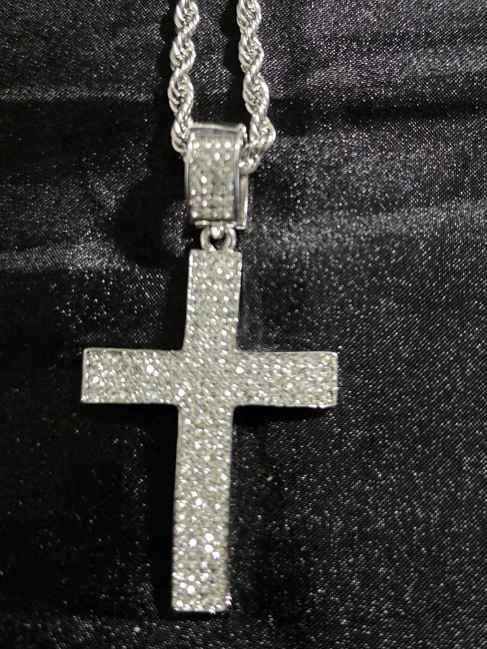 Silver Tone Rope Chain Bling Cross Charm Pendant Swaggy Necklace,